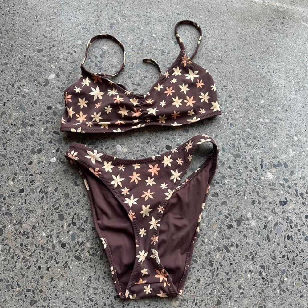 Pacsun Women’s XS Bikini Set Brown Floral High Cut Cheeky Y2K Strappy Swimsuit